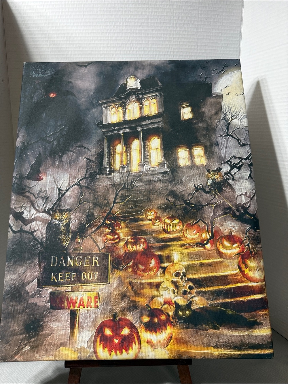 Haunted House Halloween Wall Art Black and Orange Lighted Canvas Spooky Scary